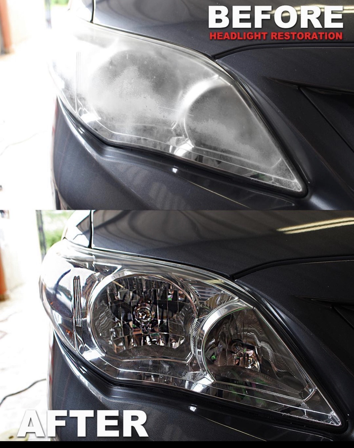 Before and after headlight restoration